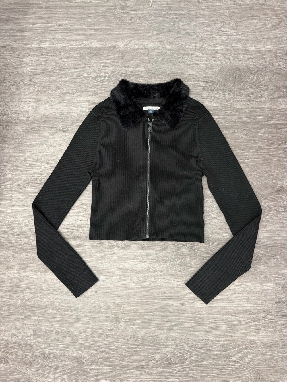 American Eagle Outfitters Black Ribbed Jacket with Faux-Fur Collar Size Large